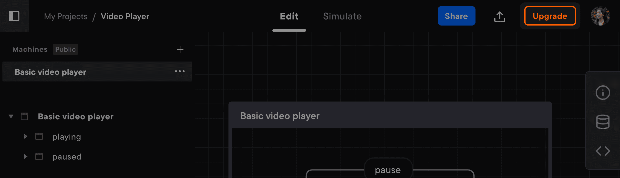 The Upgrade button has an orange border and is located in the top right of the Studio navigation, between the Export machine icon and the user avatar.